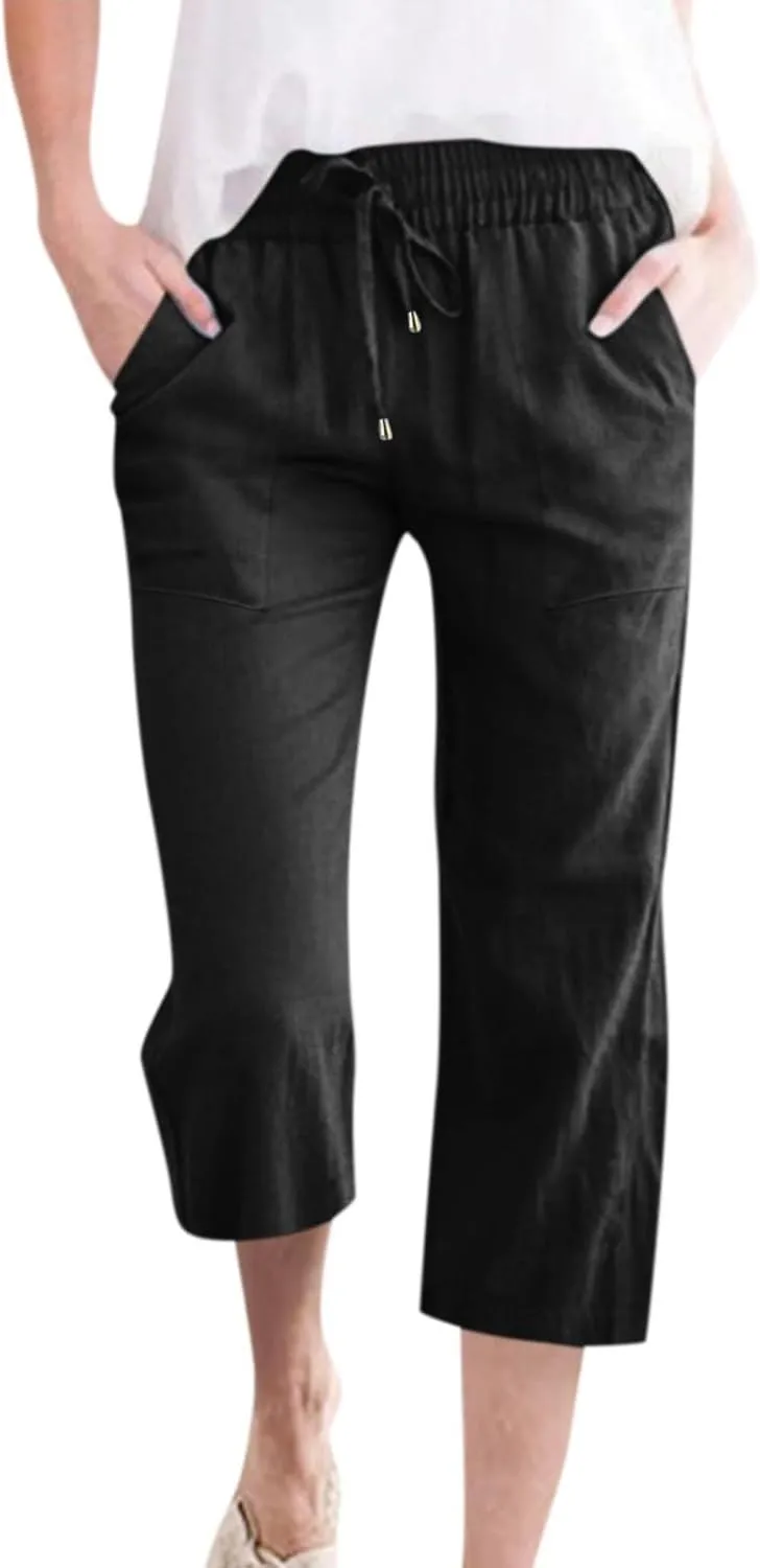 Capris Pants for Women Cotton Linen Casual Summer Plus Size Wide Leg Pants Drawstring Elastic Waist Cropped Trouser
