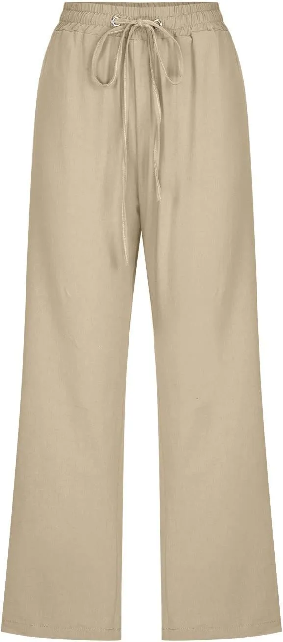 Capris Pants for Women Cotton Linen Casual Summer Plus Size Wide Leg Pants Drawstring Elastic Waist Cropped Trouser