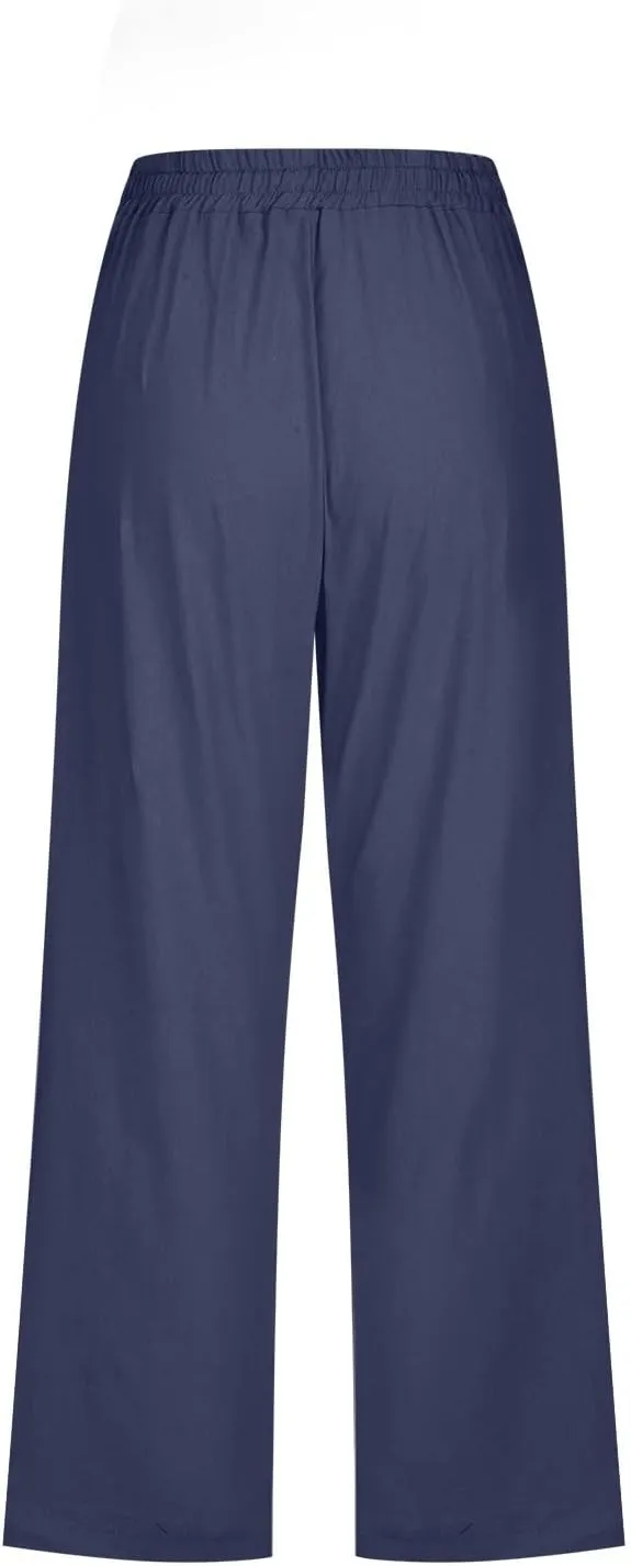 Capris Pants for Women Plus Size Cotton Linen Casual Summer Wide Leg Pants Drawstring Elastic Waist Cropped Trouser