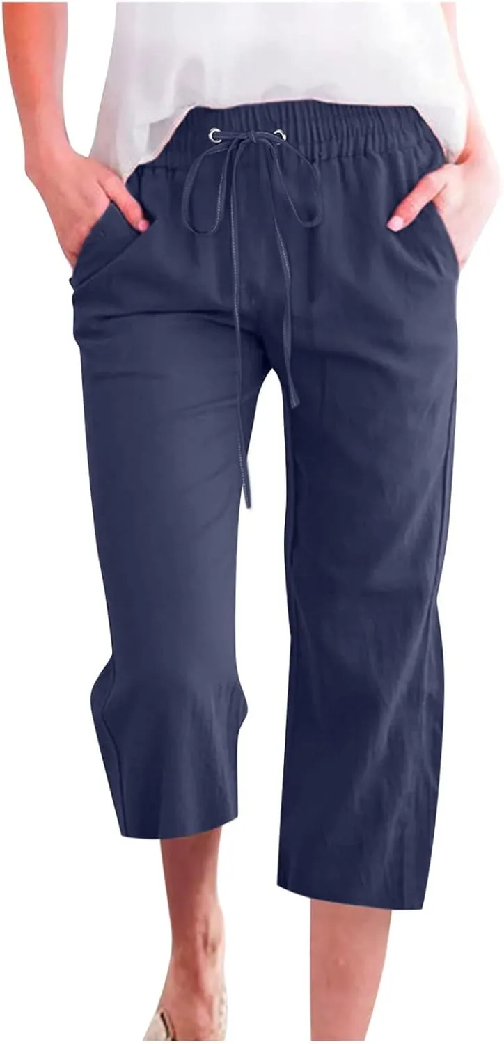 Capris Pants for Women Plus Size Cotton Linen Casual Summer Wide Leg Pants Drawstring Elastic Waist Cropped Trouser