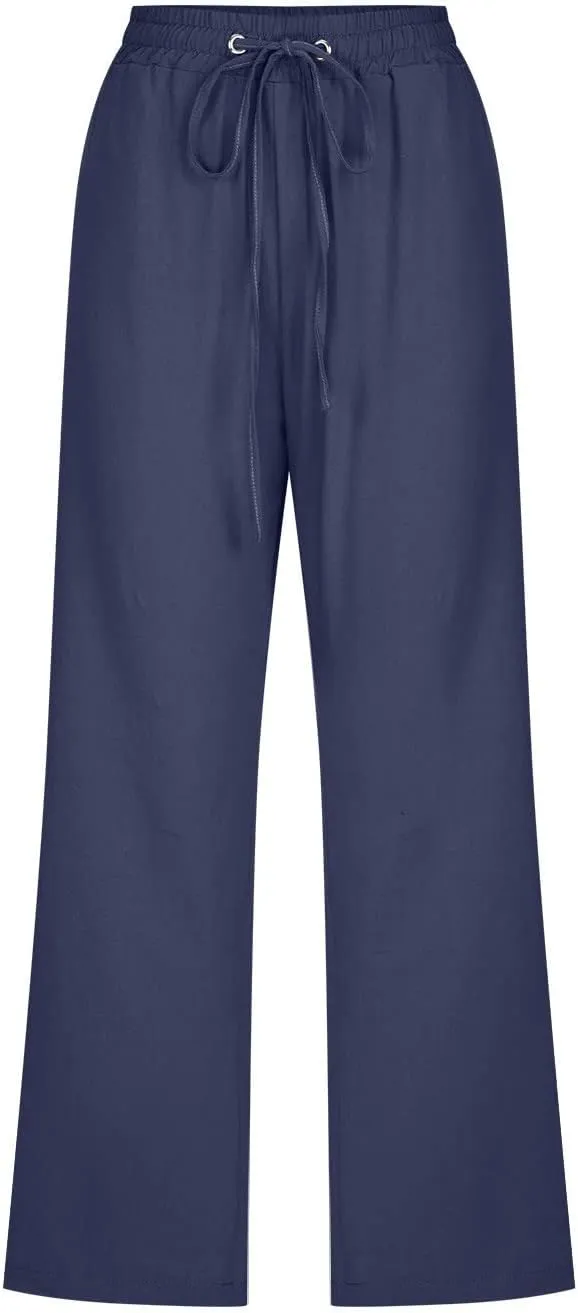 Capris Pants for Women Plus Size Cotton Linen Casual Summer Wide Leg Pants Drawstring Elastic Waist Cropped Trouser