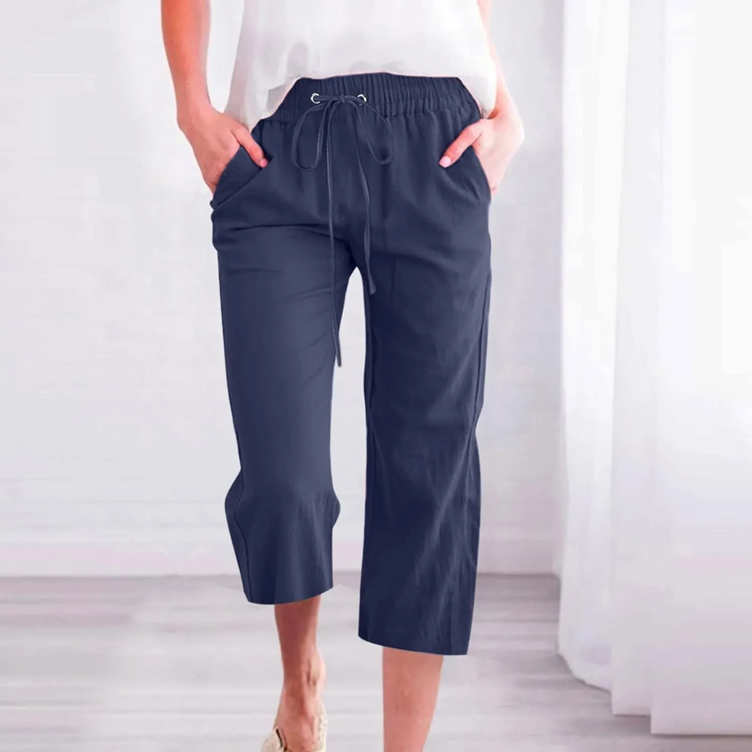 Capris Pants for Women Plus Size Cotton Linen Casual Summer Wide Leg Pants Drawstring Elastic Waist Cropped Trouser