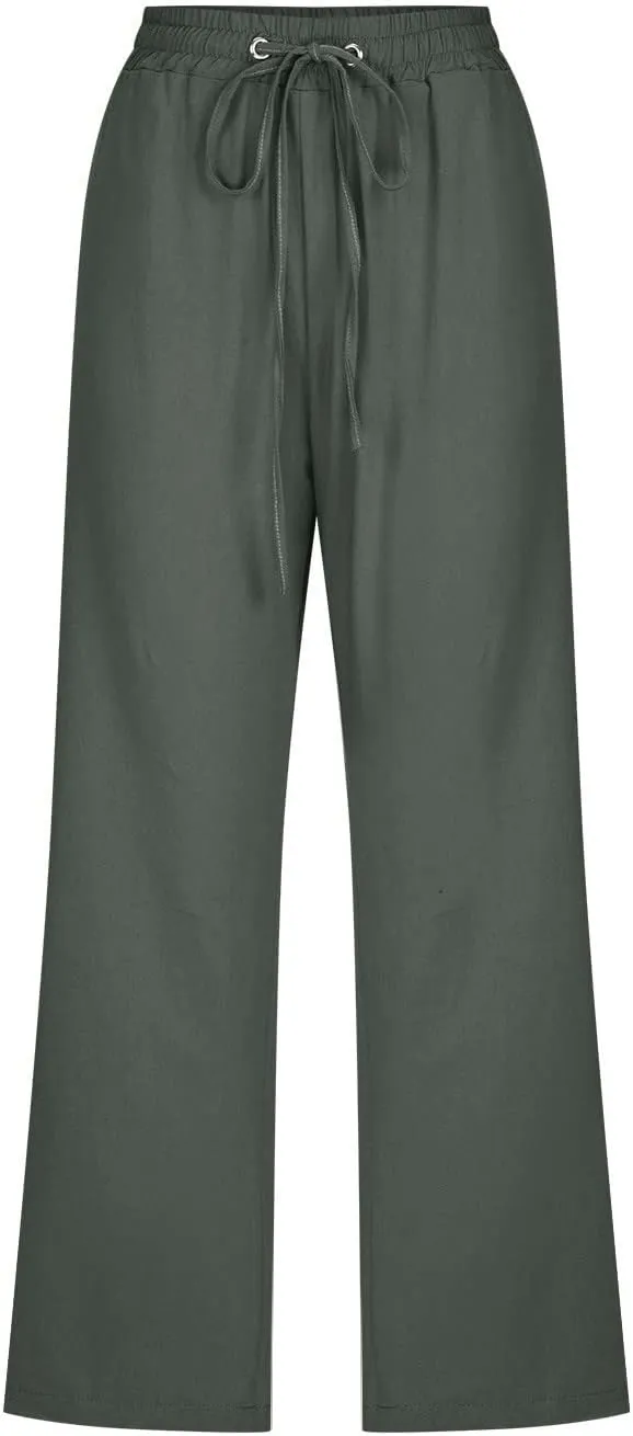 Capris Pants for Women Plus Size Cotton Linen Casual Summer Wide Leg Pants Drawstring Elastic Waist Cropped Trouser