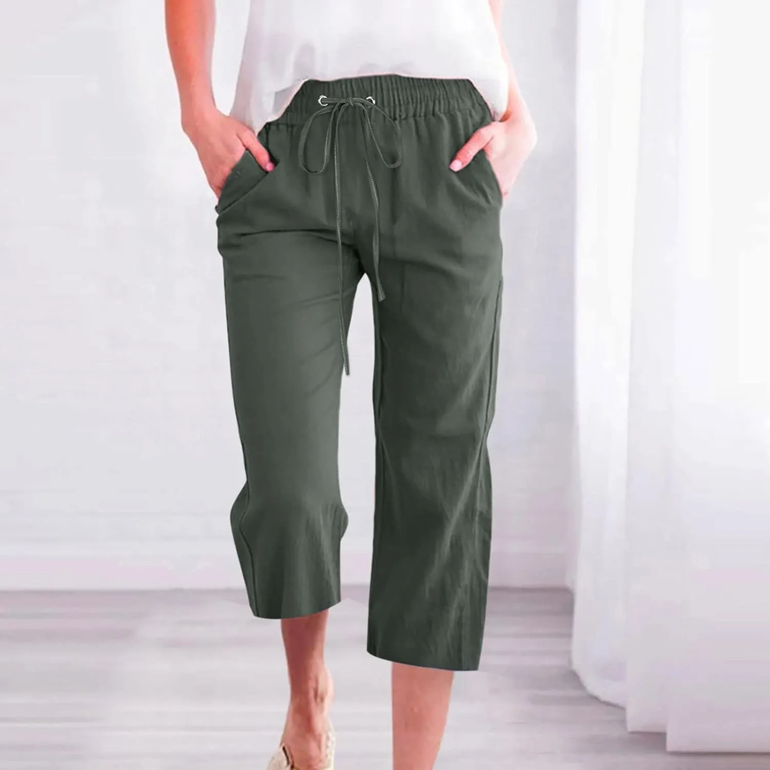 Capris Pants for Women Plus Size Cotton Linen Casual Summer Wide Leg Pants Drawstring Elastic Waist Cropped Trouser