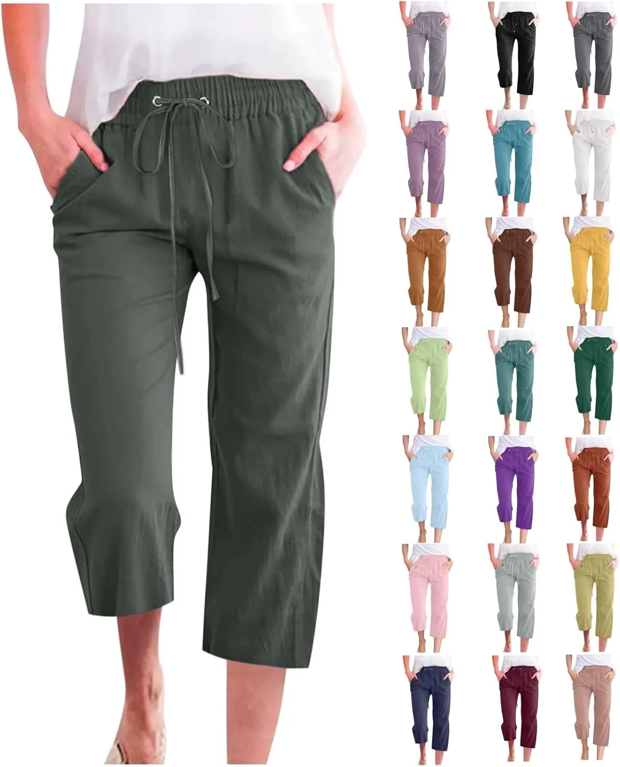 Capris Pants for Women Plus Size Cotton Linen Casual Summer Wide Leg Pants Drawstring Elastic Waist Cropped Trouser