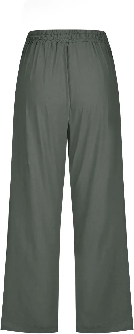 Capris Pants for Women Plus Size Cotton Linen Casual Summer Wide Leg Pants Drawstring Elastic Waist Cropped Trouser