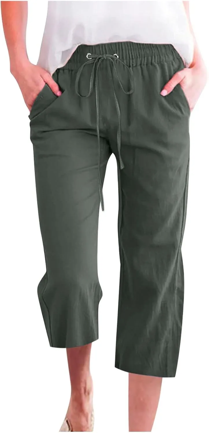 Capris Pants for Women Plus Size Cotton Linen Casual Summer Wide Leg Pants Drawstring Elastic Waist Cropped Trouser