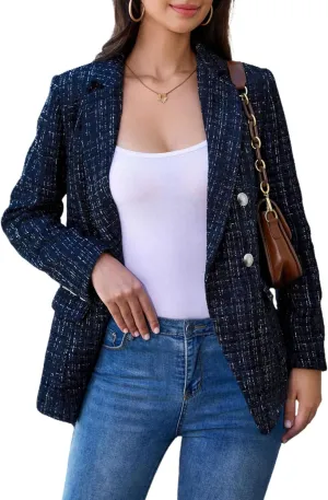 CCTOO Womens Tweed Blazers Casual Jackets Long Sleeve Oversized Open Front Plaid Blazer Jackets Work Suits with Pockets