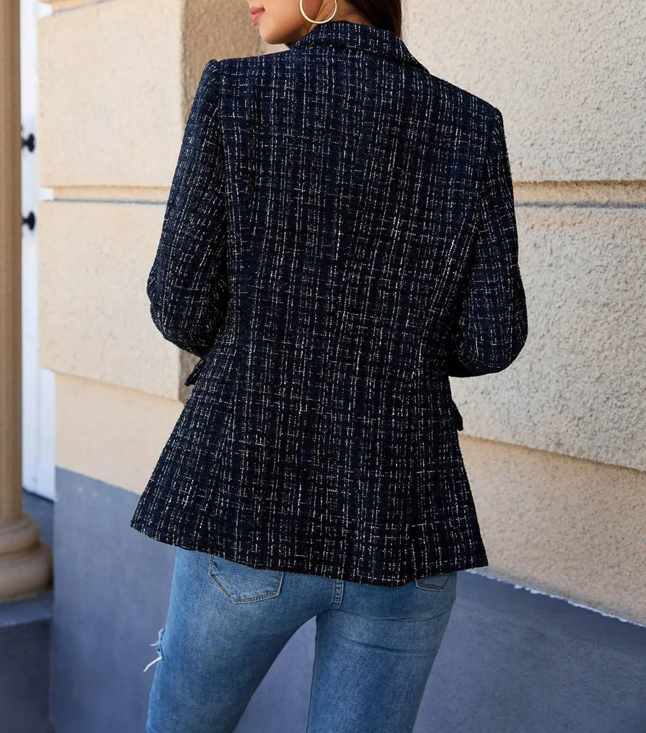 CCTOO Womens Tweed Blazers Casual Jackets Long Sleeve Oversized Open Front Plaid Blazer Jackets Work Suits with Pockets