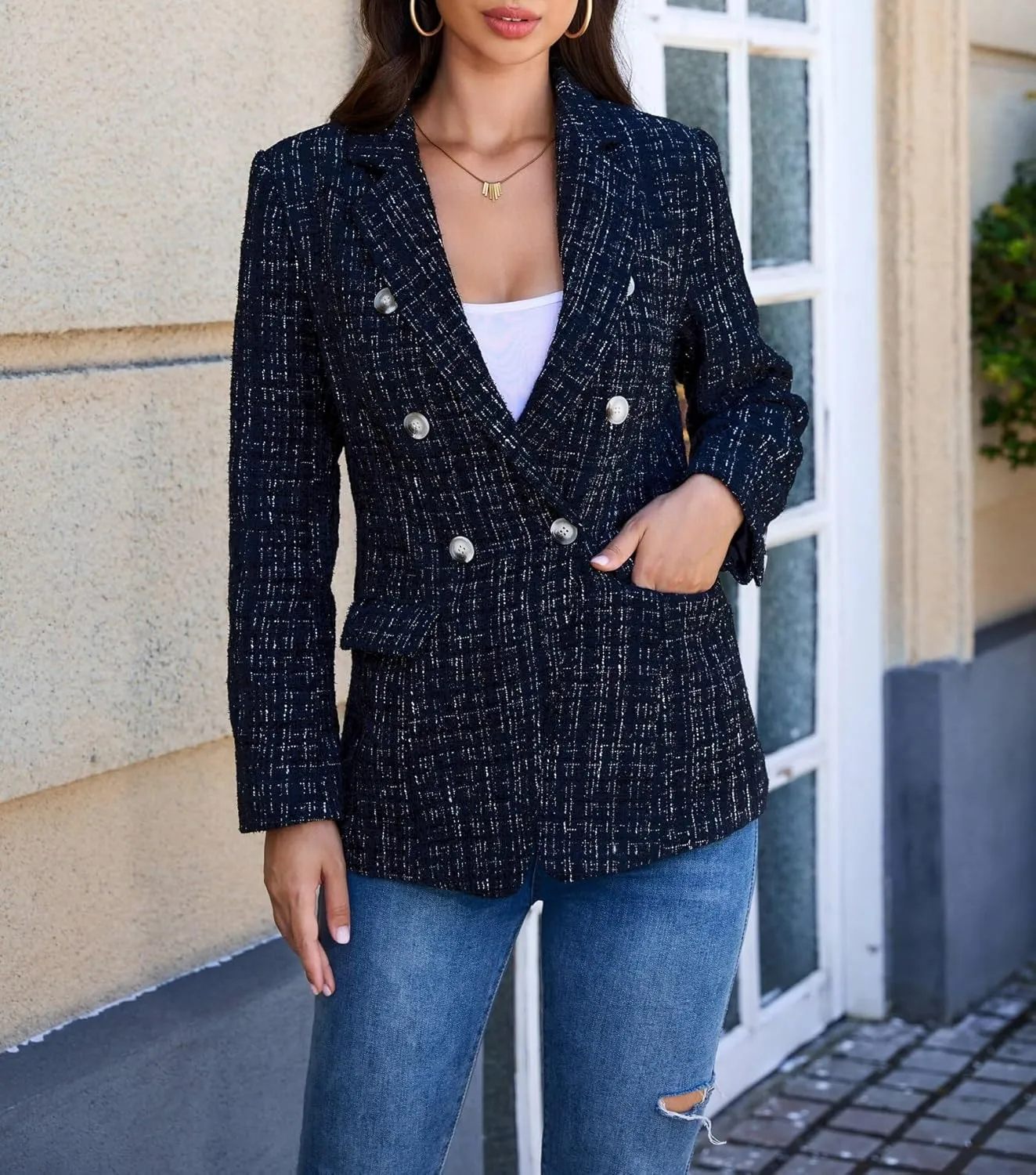 CCTOO Womens Tweed Blazers Casual Jackets Long Sleeve Oversized Open Front Plaid Blazer Jackets Work Suits with Pockets