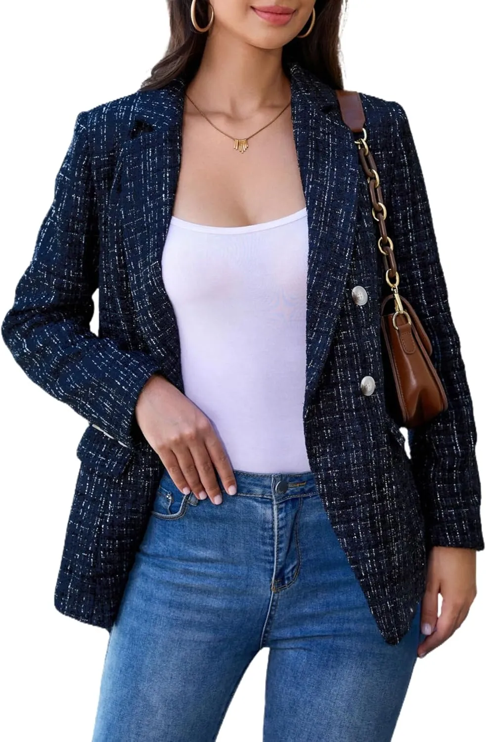 CCTOO Womens Tweed Blazers Casual Jackets Long Sleeve Oversized Open Front Plaid Blazer Jackets Work Suits with Pockets