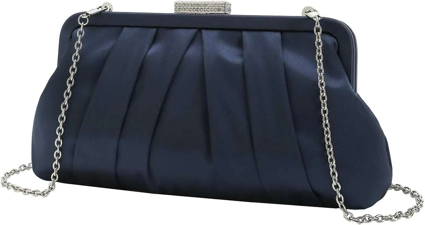 CHARMING TAILOR Classic Pleated Satin Clutch Bag Diamante Embellished Formal Handbag for Wedding/Prom/Black-Tie Events