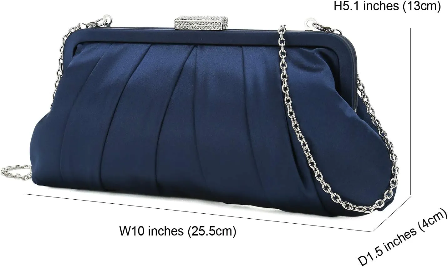 CHARMING TAILOR Classic Pleated Satin Clutch Bag Diamante Embellished Formal Handbag for Wedding/Prom/Black-Tie Events