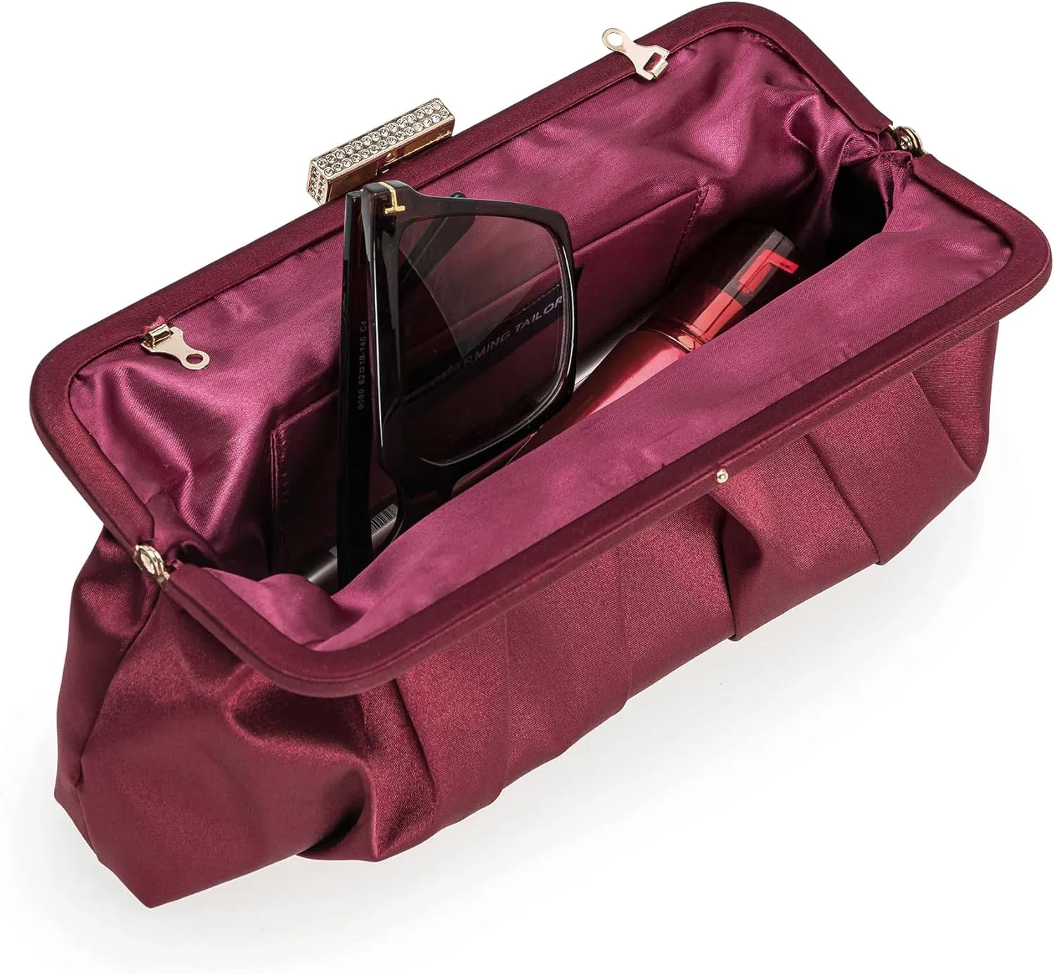 CHARMING TAILOR Classic Pleated Satin Clutch Bag Diamante Embellished Formal Handbag for Wedding/Prom/Black-Tie Events