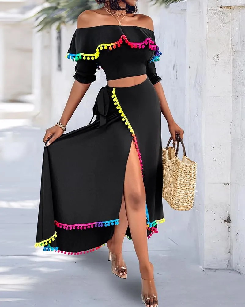 ChicMe Womens Summer Maxi Dress Off The Shoulder Dip Hem Tassel Front Slit Dress Crop top and Skirt Set