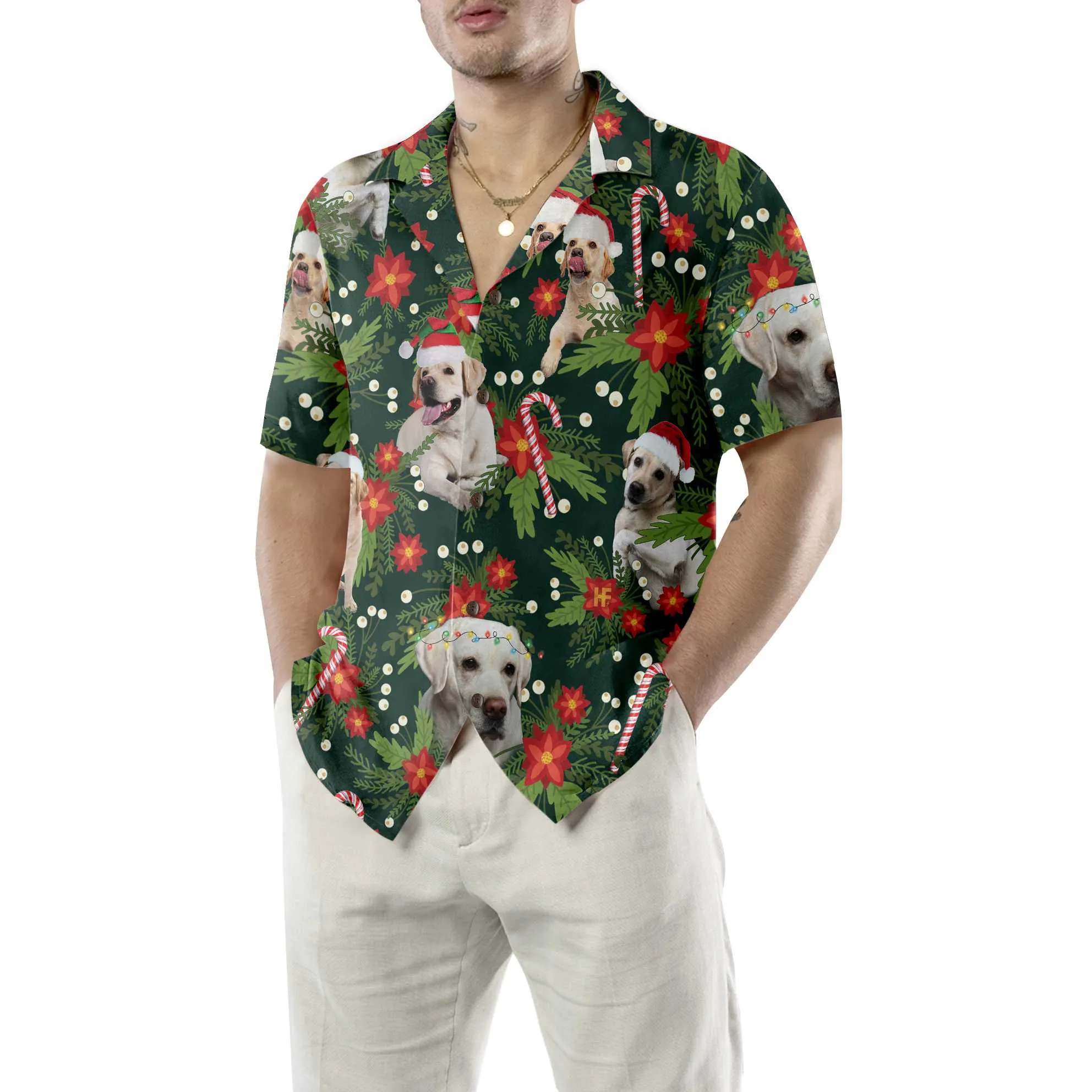Christmas Labrador Retriever With Poinsettia Flower Hawaiian Shirt, Funny Labrador Shirt For Men & Women