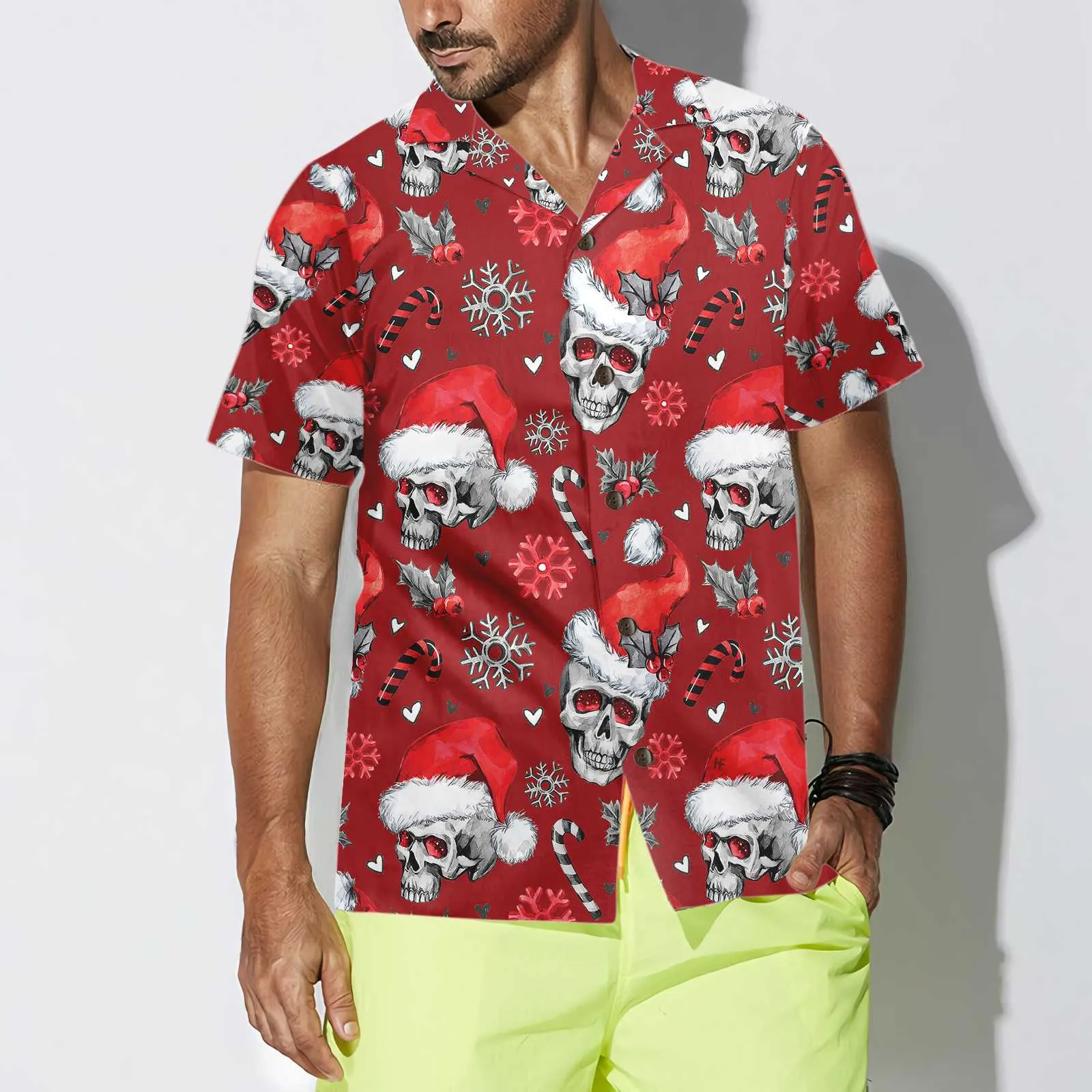 Christmas Skulls With Candy Canes Red Version Christmas Hawaiian Shirt, Skull Christmas Hawaiian Shirt For Men