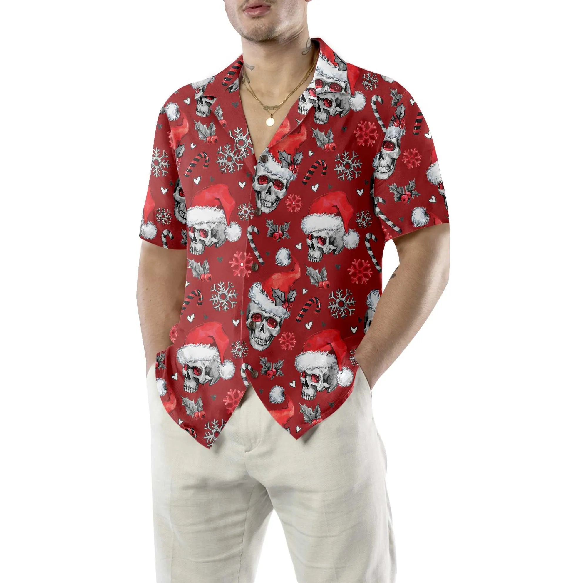 Christmas Skulls With Candy Canes Red Version Christmas Hawaiian Shirt, Skull Christmas Hawaiian Shirt For Men