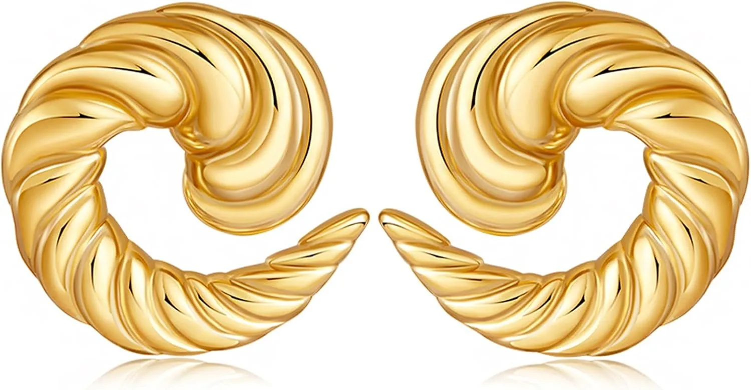 Chunky Gold Earrings for Women, 18K Gold Plated Big Statement Earrings, Trendy Large Gold Stud Earrings (B)