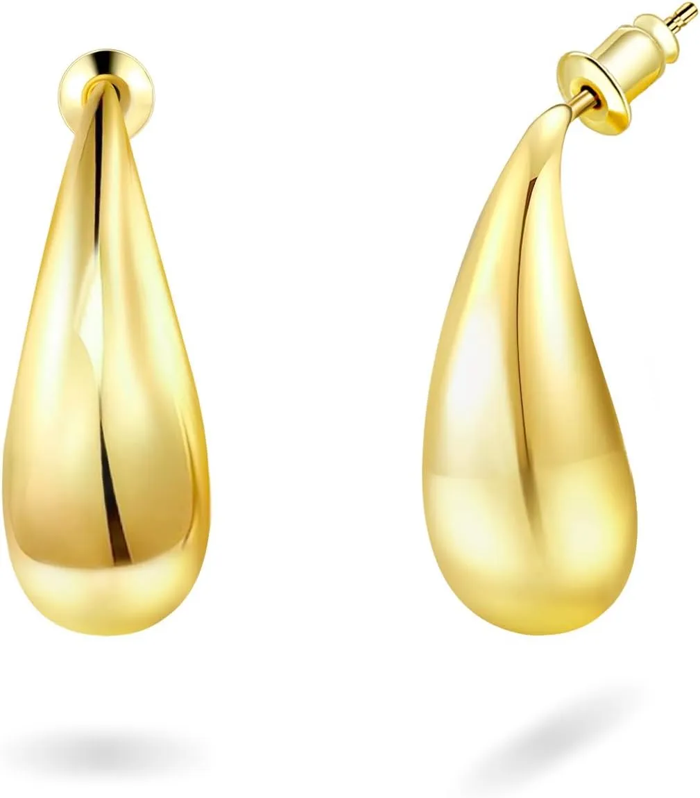 Chunky Gold Hoop Earrings for Women, 14K Gold Plated Teardrop Earrings Dupes for Women Dainty Hypoallergenic Earrings Fashion Jewelry