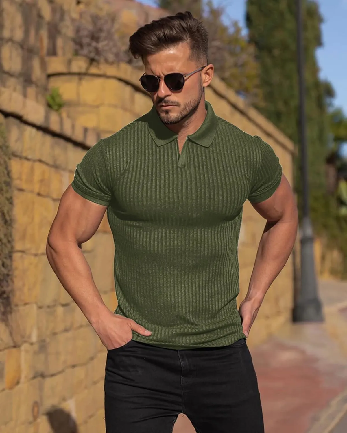 Collared Muscle Shirts for Men Ribbed Knit Slim Fit Polo Shirts Short Sleeve, Mens V Neck T Shirts Casual Stylish