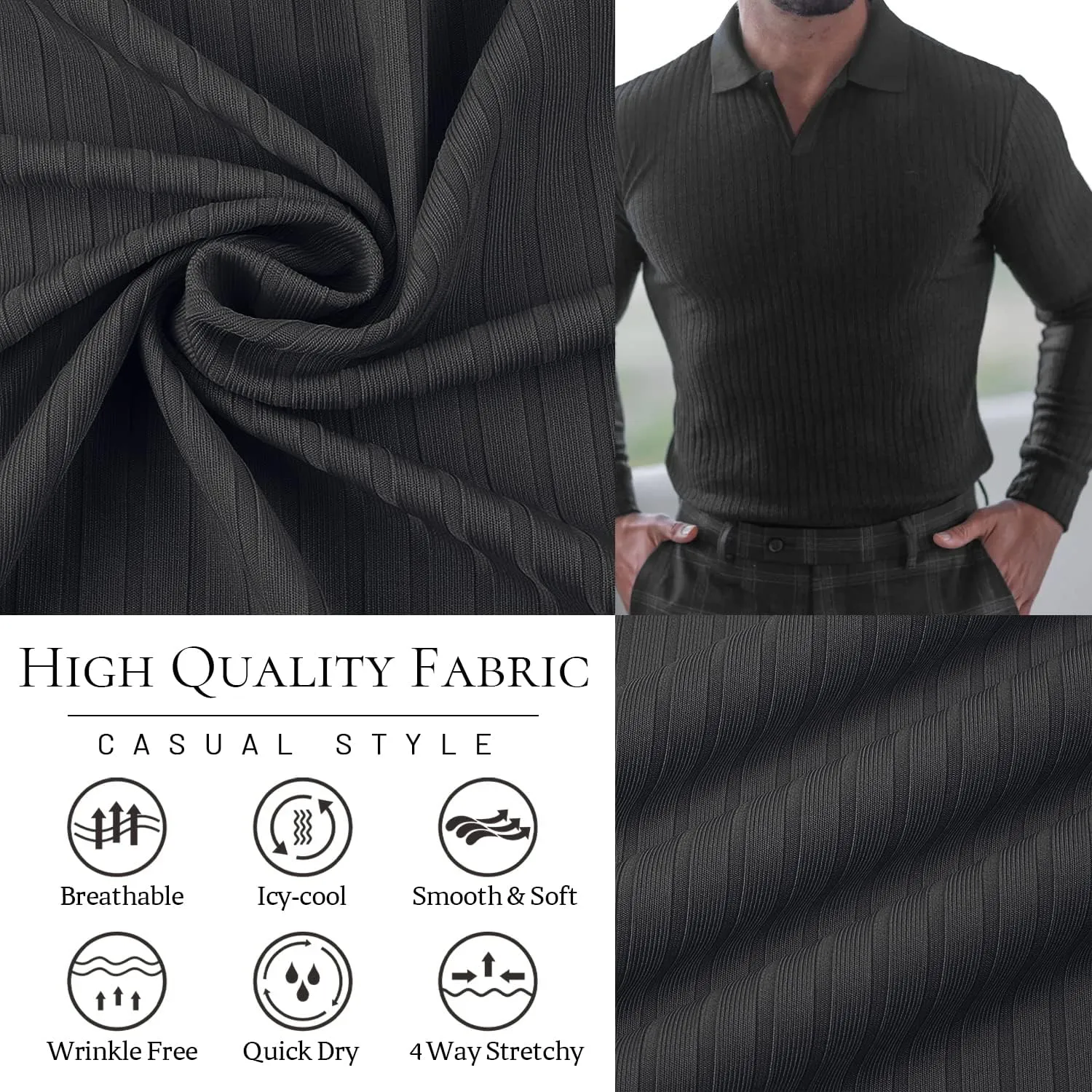 Collared Muscle Shirts for Men Ribbed Knit Slim Fit Polo Shirts Short Sleeve, Mens V Neck T Shirts Casual Stylish