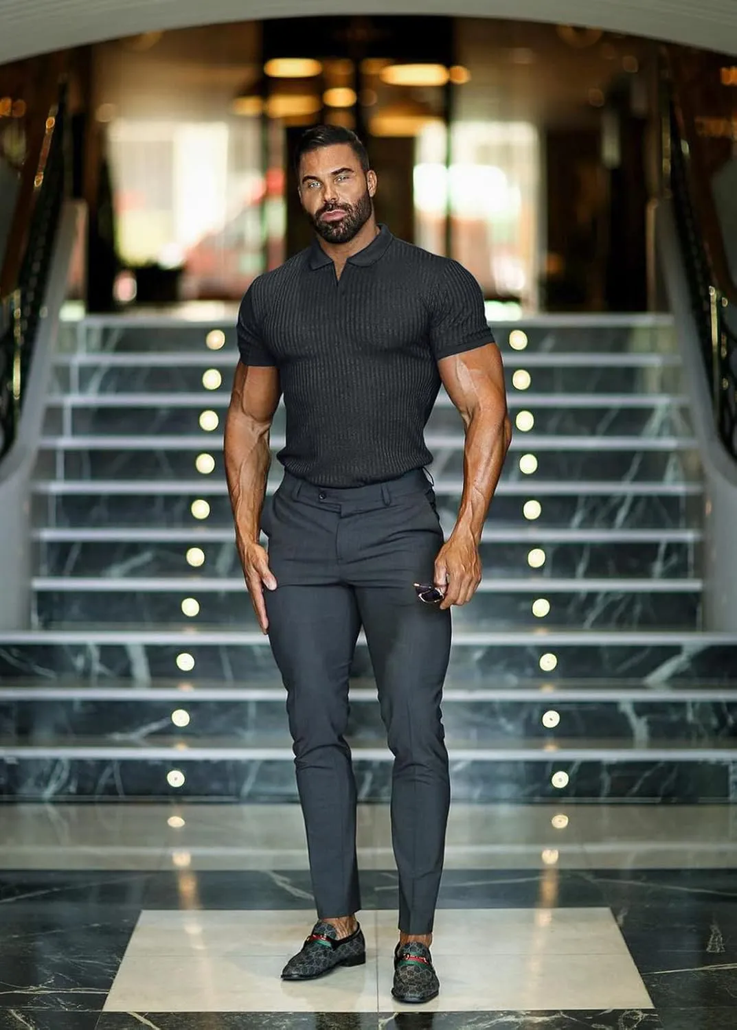 Collared Muscle Shirts for Men Ribbed Knit Slim Fit Polo Shirts Short Sleeve, Mens V Neck T Shirts Casual Stylish