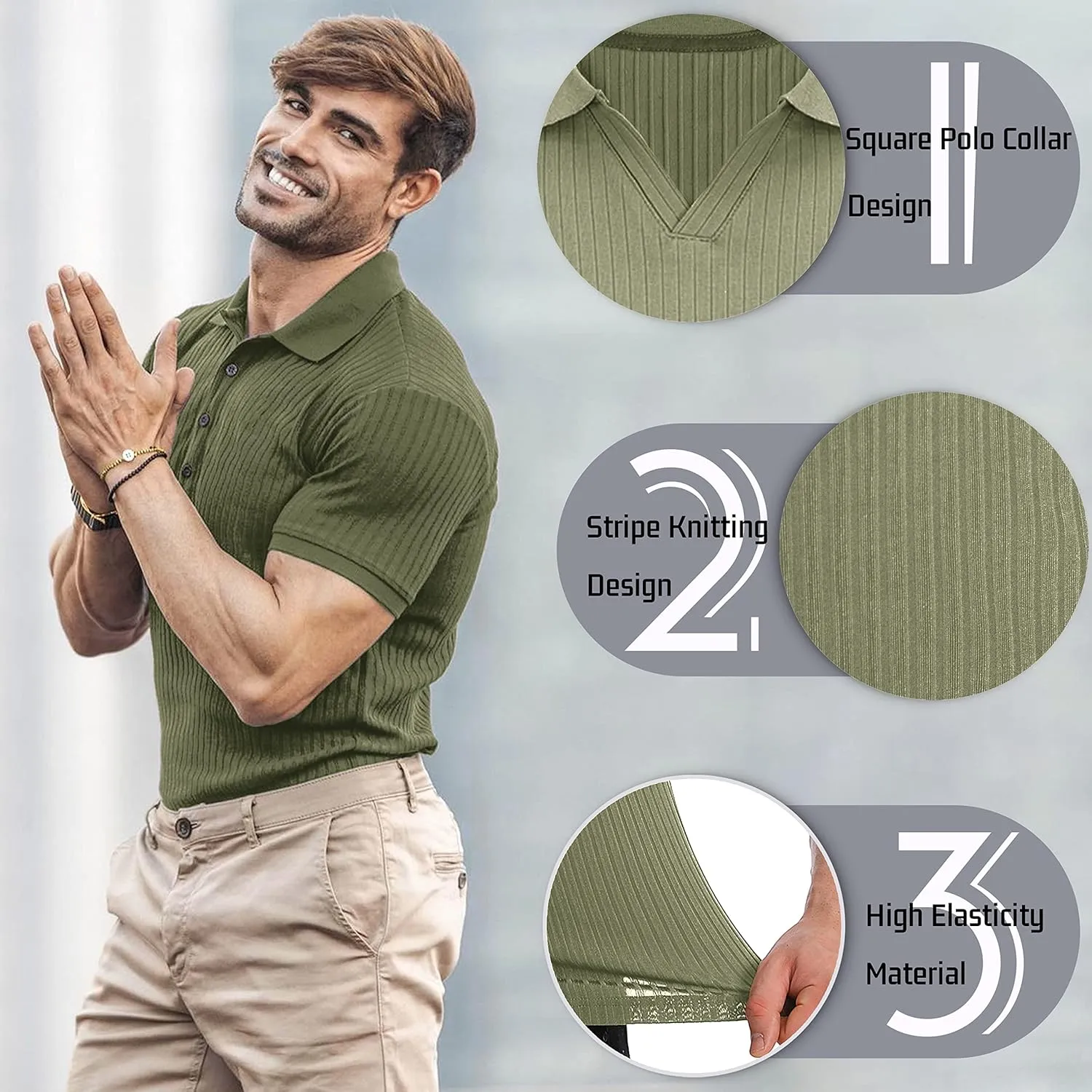 Collared Muscle Shirts for Men Ribbed Knit Slim Fit Polo Shirts Short Sleeve, Mens V Neck T Shirts Casual Stylish