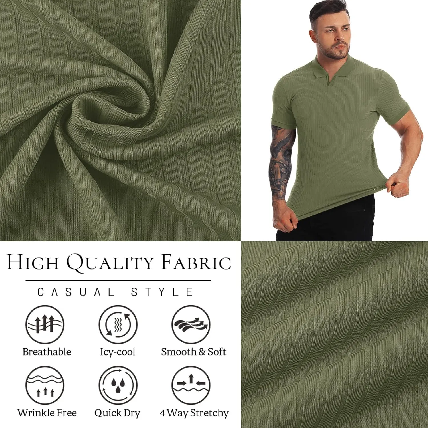 Collared Muscle Shirts for Men Ribbed Knit Slim Fit Polo Shirts Short Sleeve, Mens V Neck T Shirts Casual Stylish