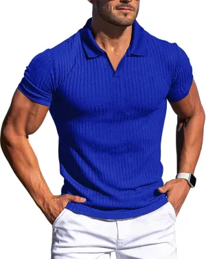 Collared Muscle Shirts for Men Ribbed Knit Slim Fit Polo Shirts Short Sleeve, Mens V Neck T Shirts Casual Stylish