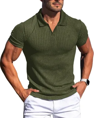 Collared Muscle Shirts for Men Ribbed Knit Slim Fit Polo Shirts Short Sleeve, Mens V Neck T Shirts Casual Stylish