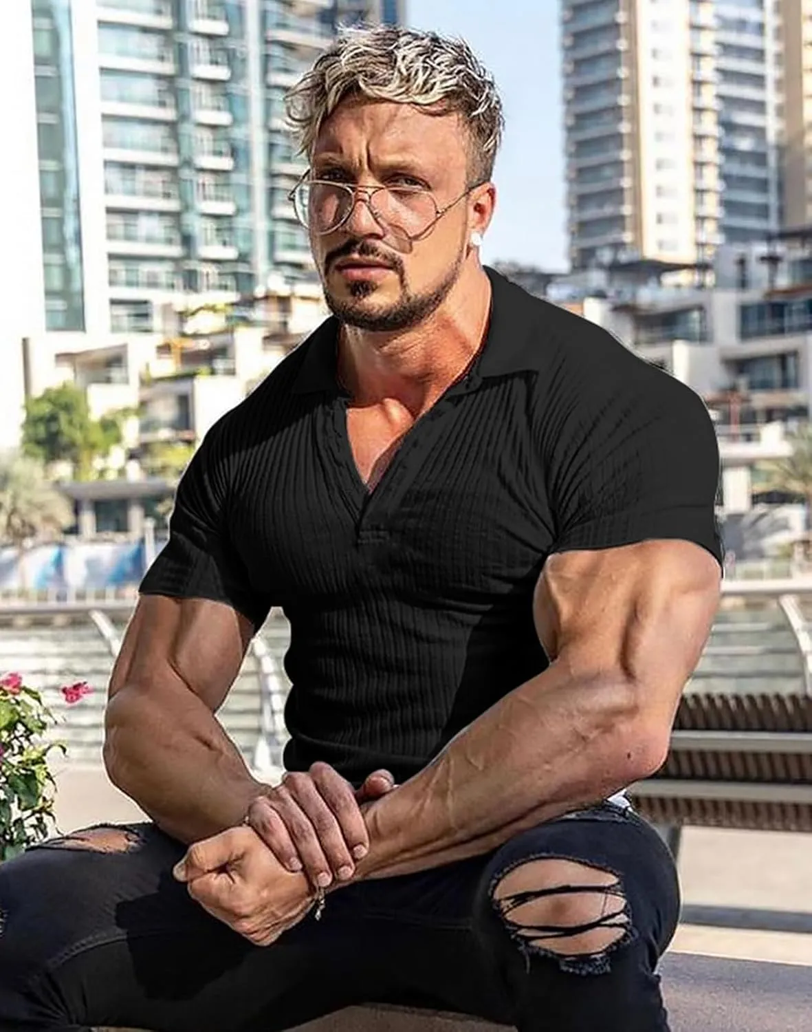 Collared Muscle Shirts for Men Ribbed Knit Slim Fit Polo Shirts Short Sleeve, Mens V Neck T Shirts Casual Stylish