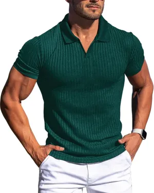 Collared Muscle Shirts for Men Ribbed Knit Slim Fit Polo Shirts Short Sleeve, Mens V Neck T Shirts Casual Stylish