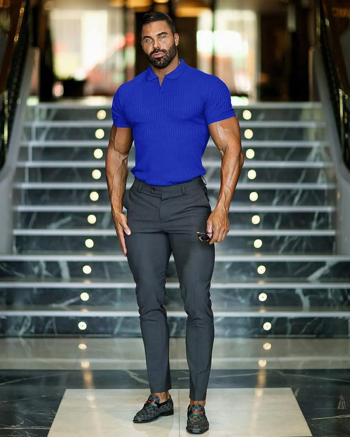 Collared Muscle Shirts for Men Ribbed Knit Slim Fit Polo Shirts Short Sleeve, Mens V Neck T Shirts Casual Stylish