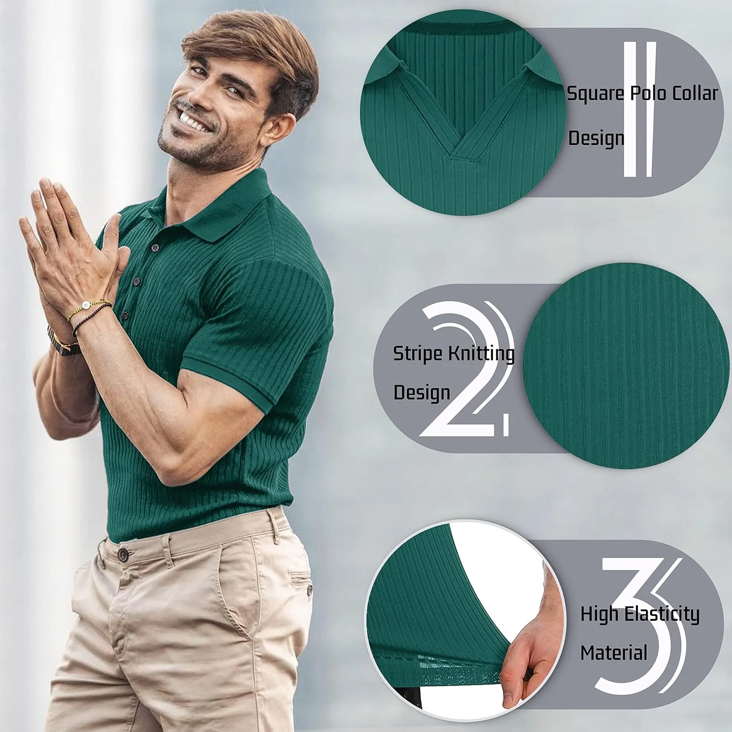 Collared Muscle Shirts for Men Ribbed Knit Slim Fit Polo Shirts Short Sleeve, Mens V Neck T Shirts Casual Stylish