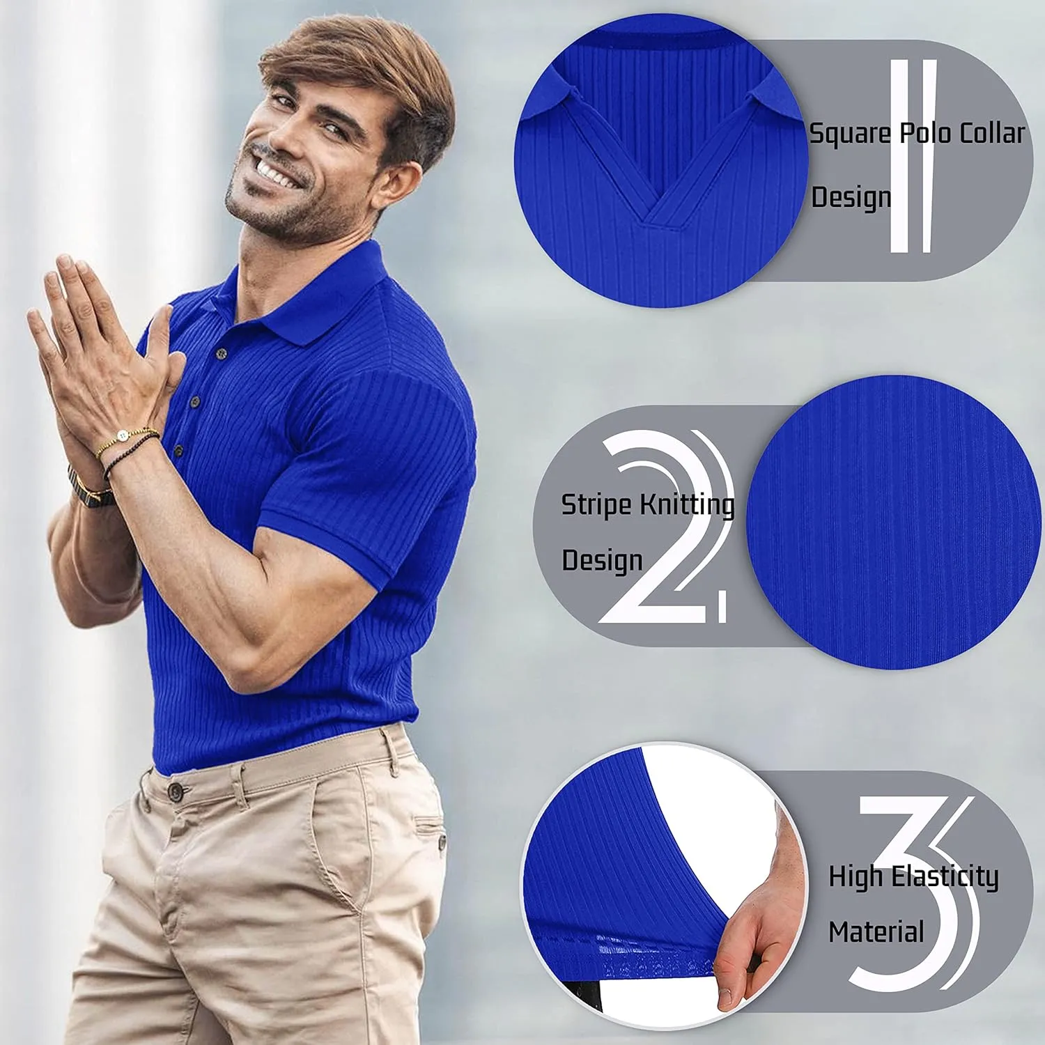 Collared Muscle Shirts for Men Ribbed Knit Slim Fit Polo Shirts Short Sleeve, Mens V Neck T Shirts Casual Stylish
