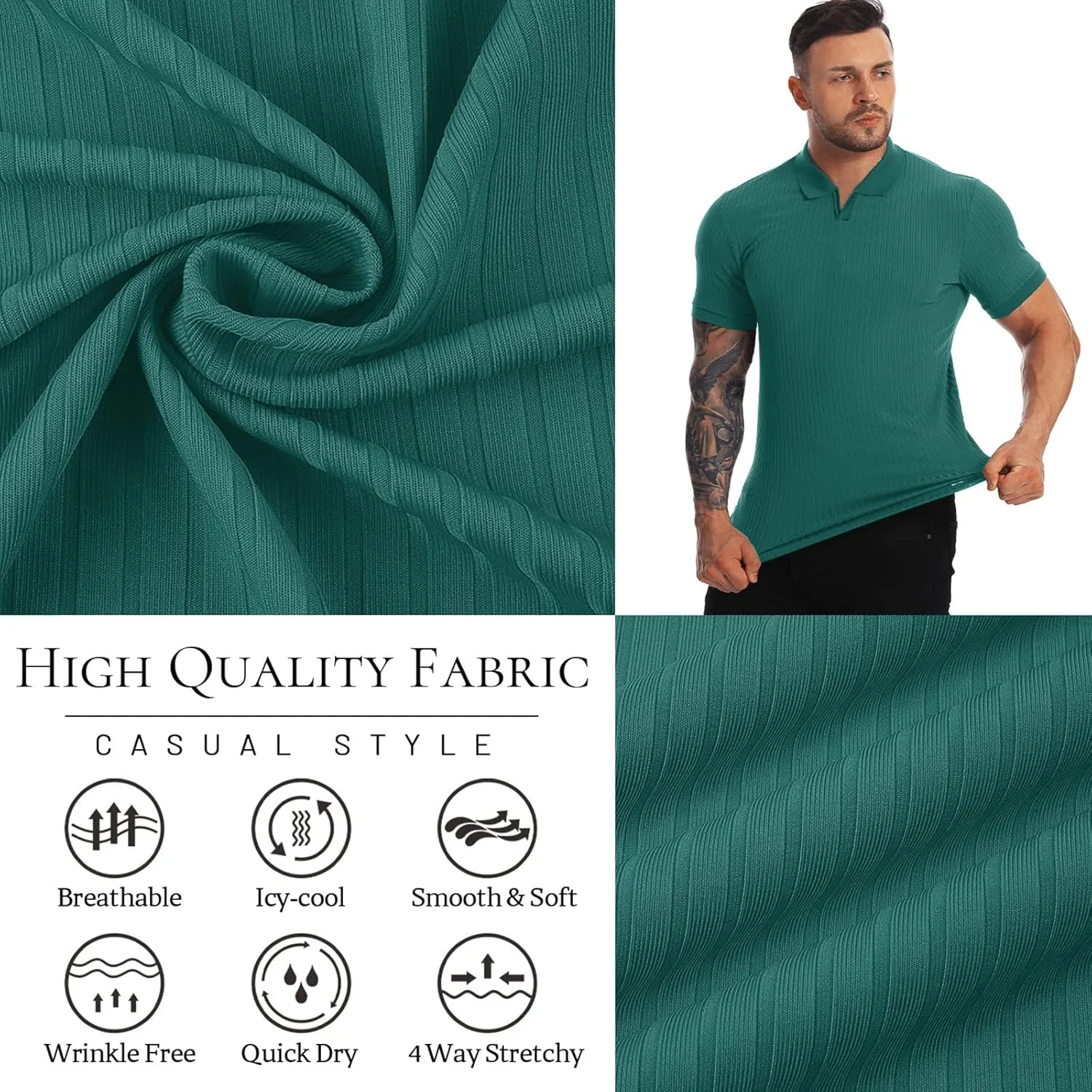 Collared Muscle Shirts for Men Ribbed Knit Slim Fit Polo Shirts Short Sleeve, Mens V Neck T Shirts Casual Stylish