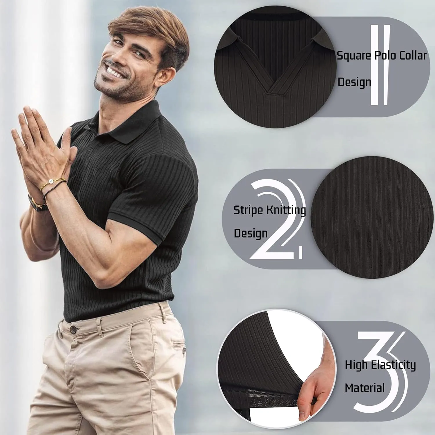 Collared Muscle Shirts for Men Ribbed Knit Slim Fit Polo Shirts Short Sleeve, Mens V Neck T Shirts Casual Stylish