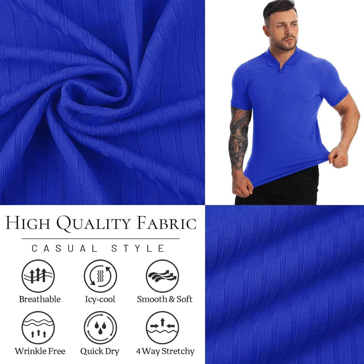 Collared Muscle Shirts for Men Ribbed Knit Slim Fit Polo Shirts Short Sleeve, Mens V Neck T Shirts Casual Stylish