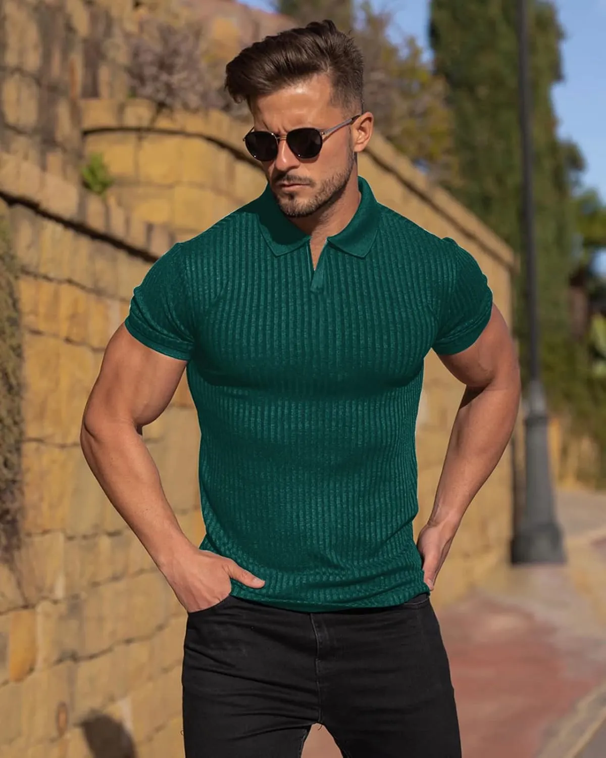 Collared Muscle Shirts for Men Ribbed Knit Slim Fit Polo Shirts Short Sleeve, Mens V Neck T Shirts Casual Stylish