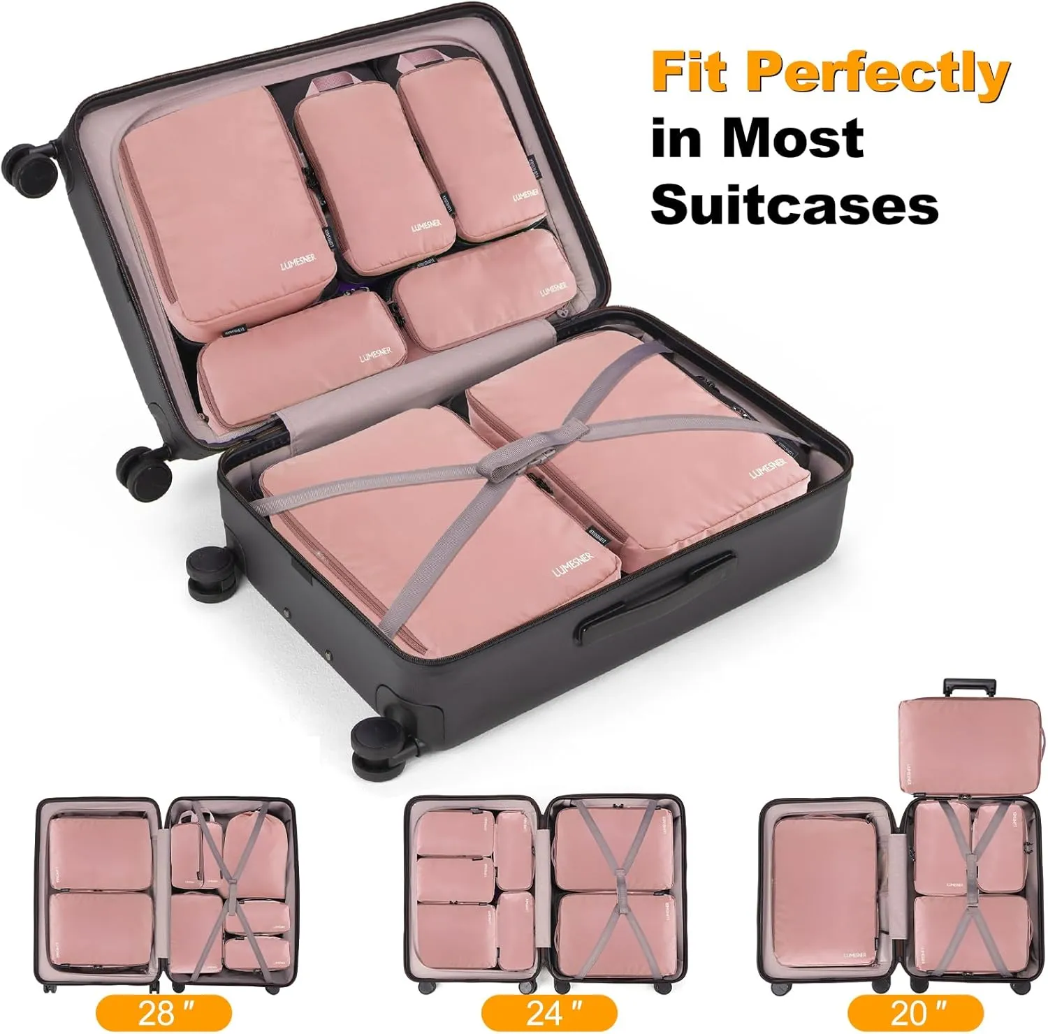 Compression Packing Cubes, Lumesner 8 Set Travel Packing Cubes for Carry on Suitcases, Compression Suitcase Organizers Bag Set & Travel Cubes (8-piece, Pink)