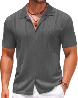 COOFANDY Mens Knit Button Down Shirts Crochet Polo Shirts Vintage Short Sleeve Textured Shirts Summer Beach Tops