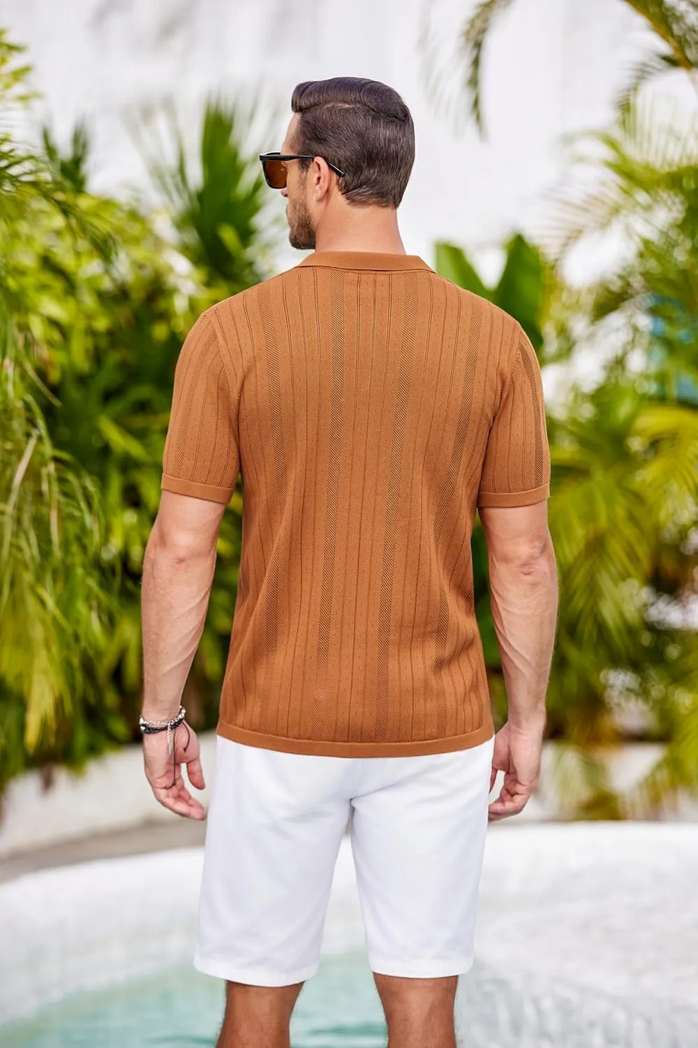COOFANDY Mens Knit Button Down Shirts Crochet Polo Shirts Vintage Short Sleeve Textured Shirts Summer Beach Tops