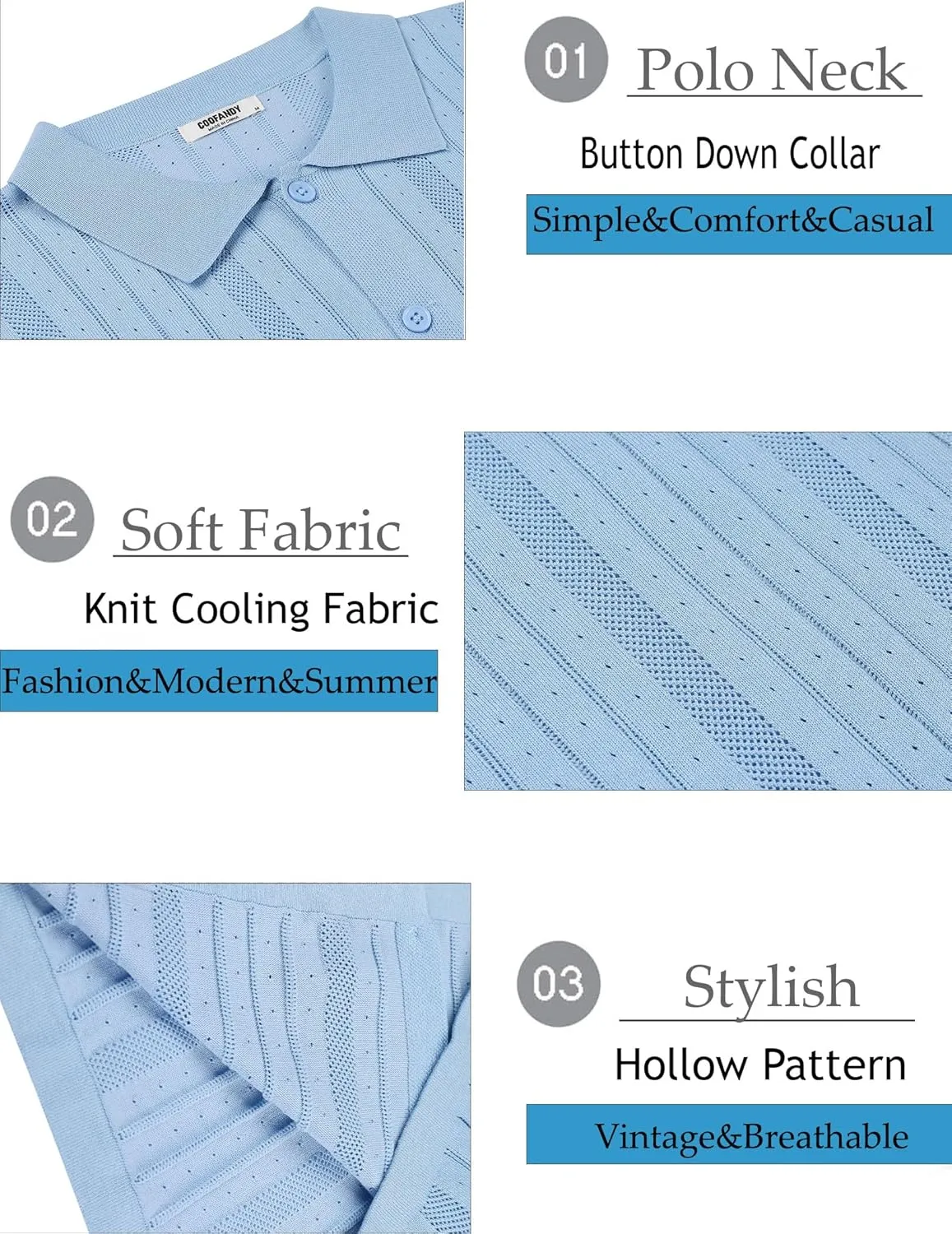 COOFANDY Mens Knit Button Down Shirts Crochet Polo Shirts Vintage Short Sleeve Textured Shirts Summer Beach Tops