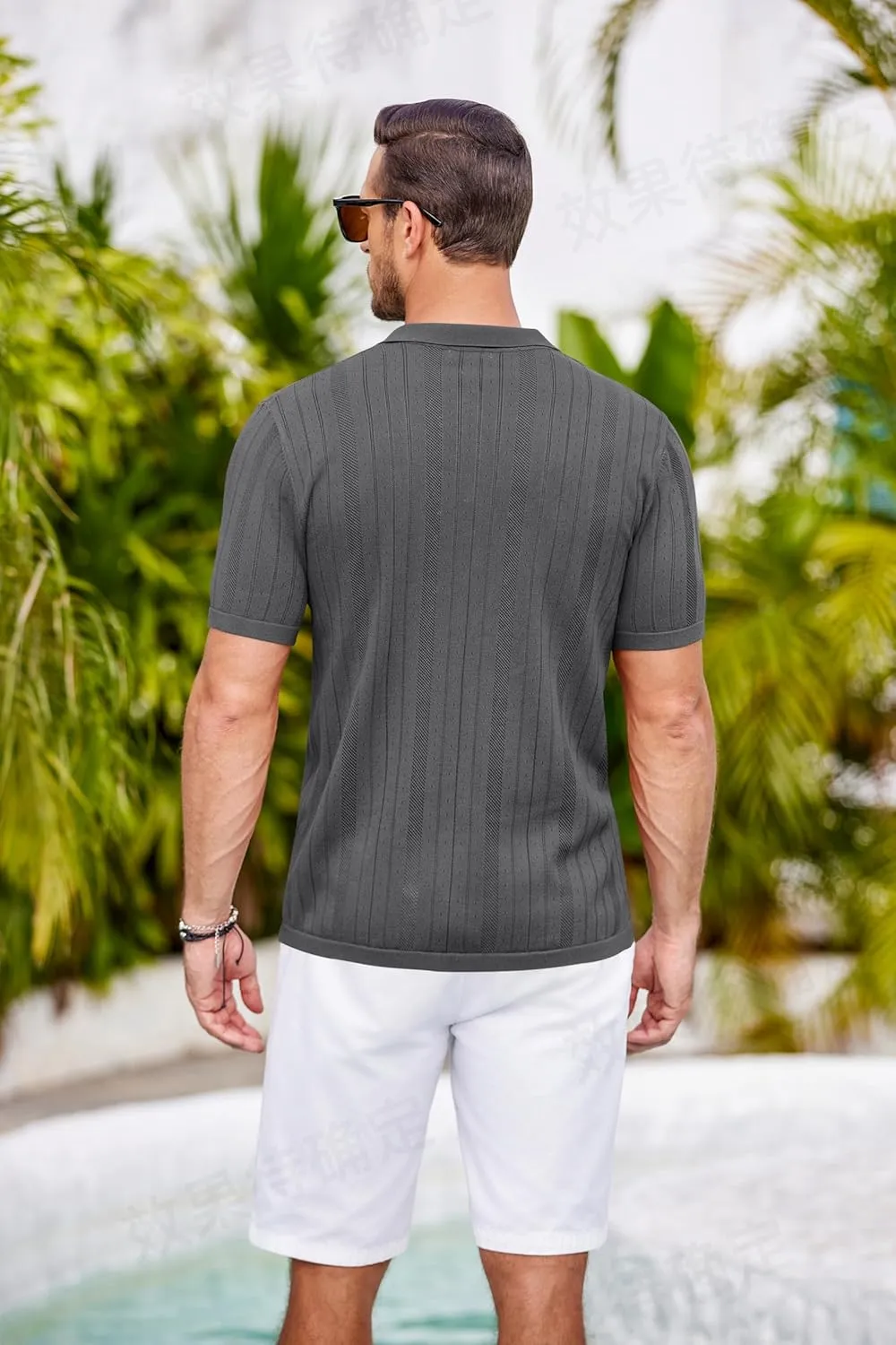 COOFANDY Mens Knit Button Down Shirts Crochet Polo Shirts Vintage Short Sleeve Textured Shirts Summer Beach Tops
