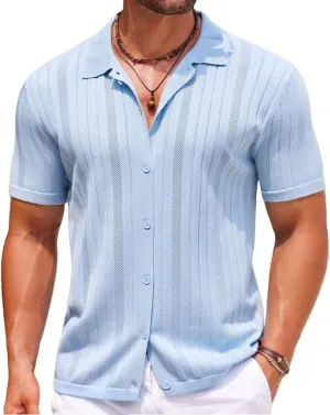 COOFANDY Mens Knit Button Down Shirts Crochet Polo Shirts Vintage Short Sleeve Textured Shirts Summer Beach Tops