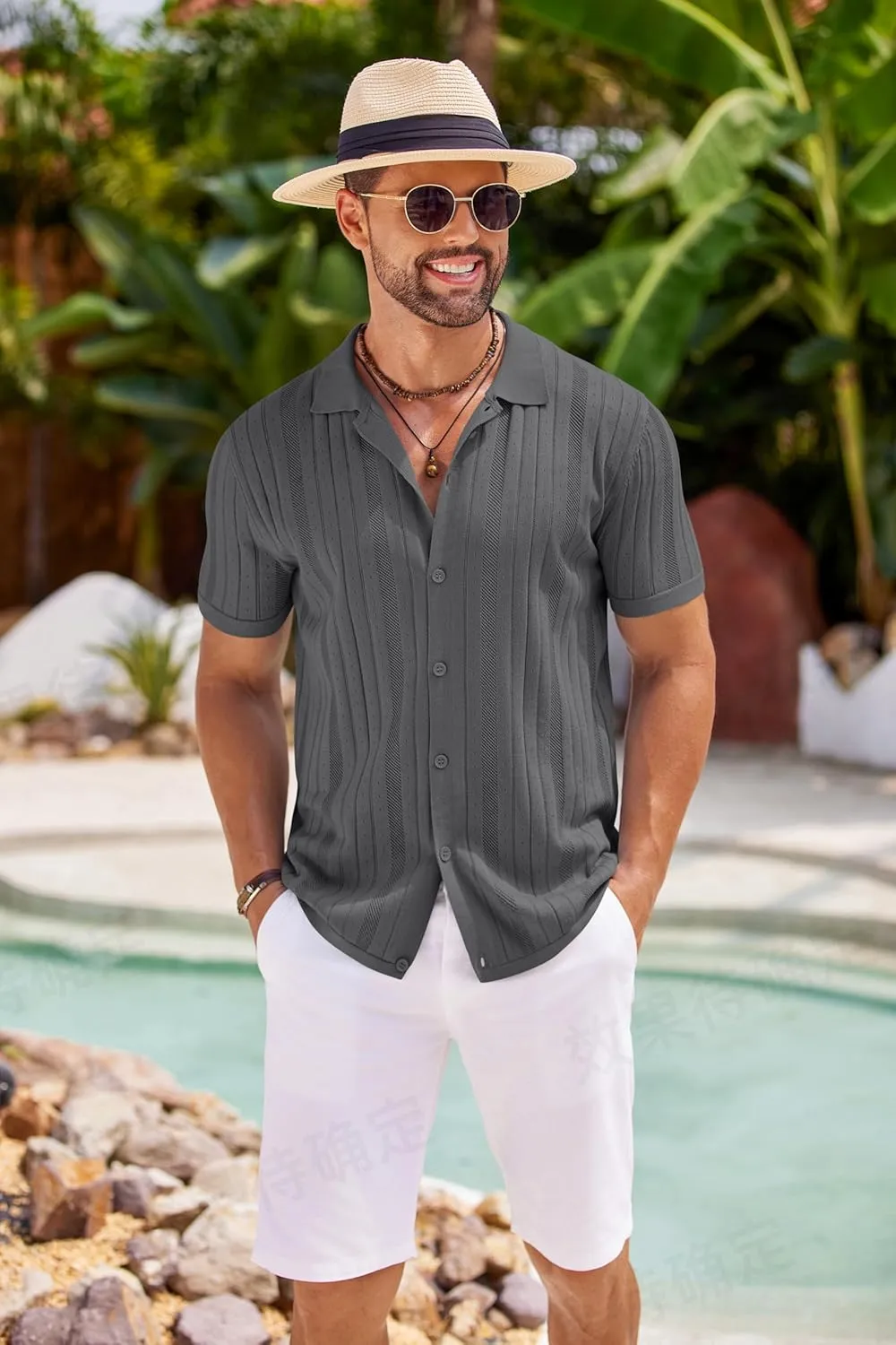 COOFANDY Mens Knit Button Down Shirts Crochet Polo Shirts Vintage Short Sleeve Textured Shirts Summer Beach Tops