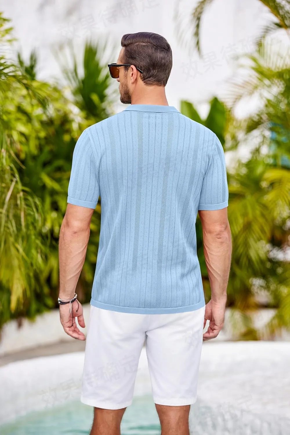 COOFANDY Mens Knit Button Down Shirts Crochet Polo Shirts Vintage Short Sleeve Textured Shirts Summer Beach Tops