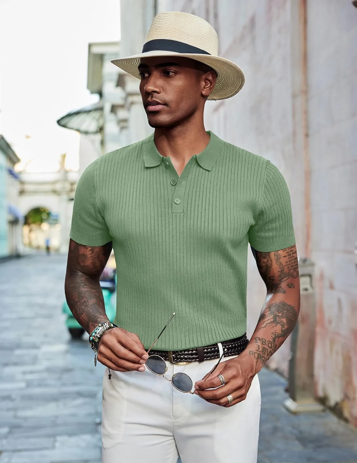 COOFANDY Mens Knit Polo Shirts Short Sleeve Golf Shirts Button Down Casual Polo T Shirts Textured Slim Fit Pullover