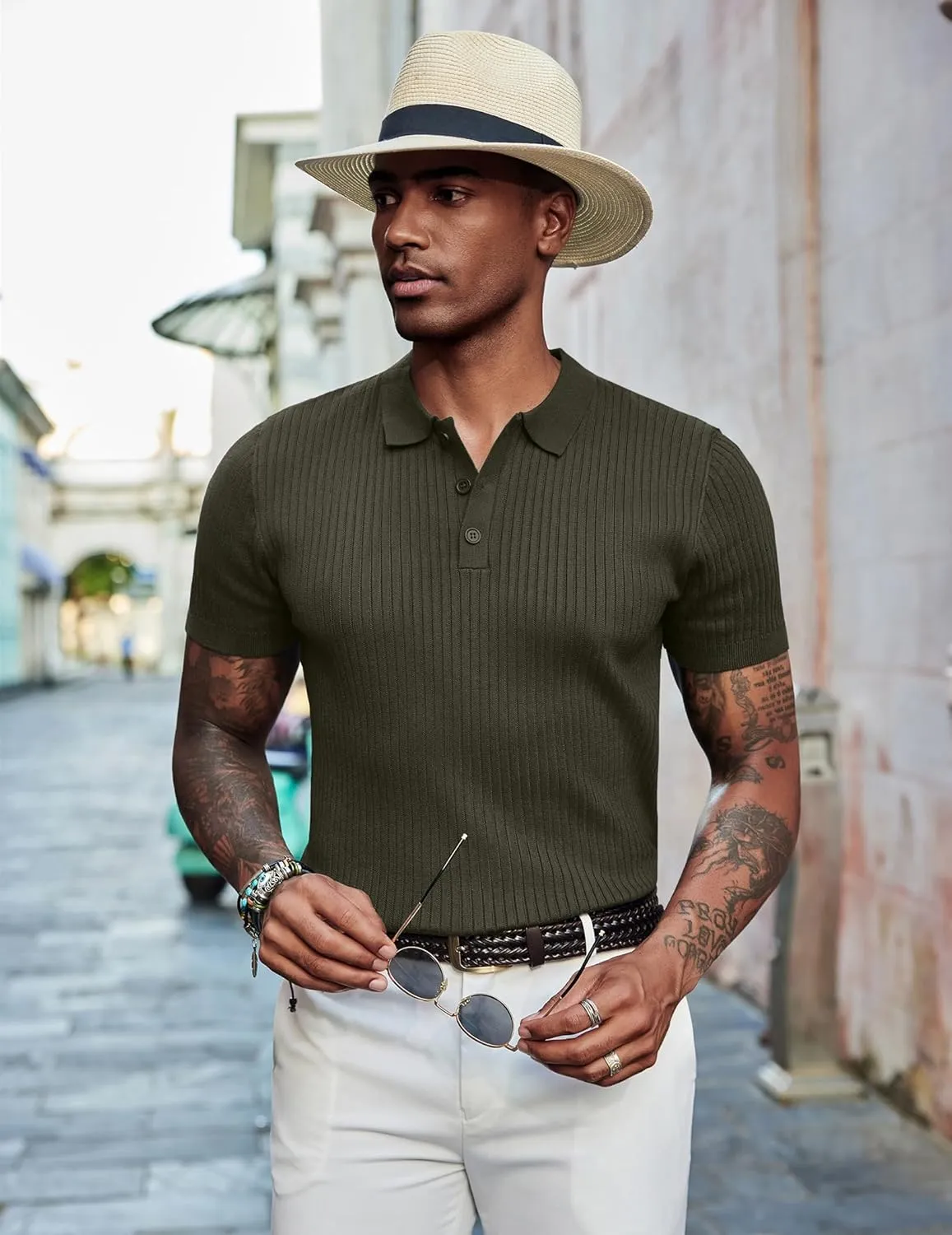 COOFANDY Mens Knit Polo Shirts Short Sleeve Golf Shirts Button Down Casual Polo T Shirts Textured Slim Fit Pullover